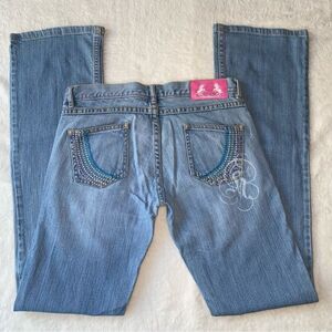 Y2K Heatherette Low Rise Flare‎ Jeans Unicorn- Embellished Pockets Size 3 / 5